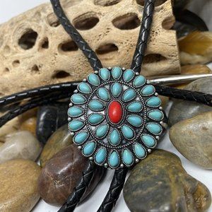 Turquoise and Red Floral Pendant Bolo Tie Necklace